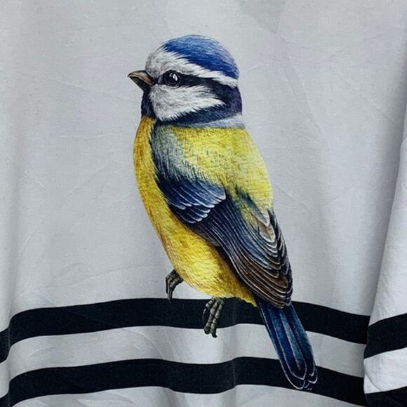 Upcycled Hand Printed Womens Large Yellow Blue Wild Bird Long Sleeve Sweatshirt - Picture 2 of 6